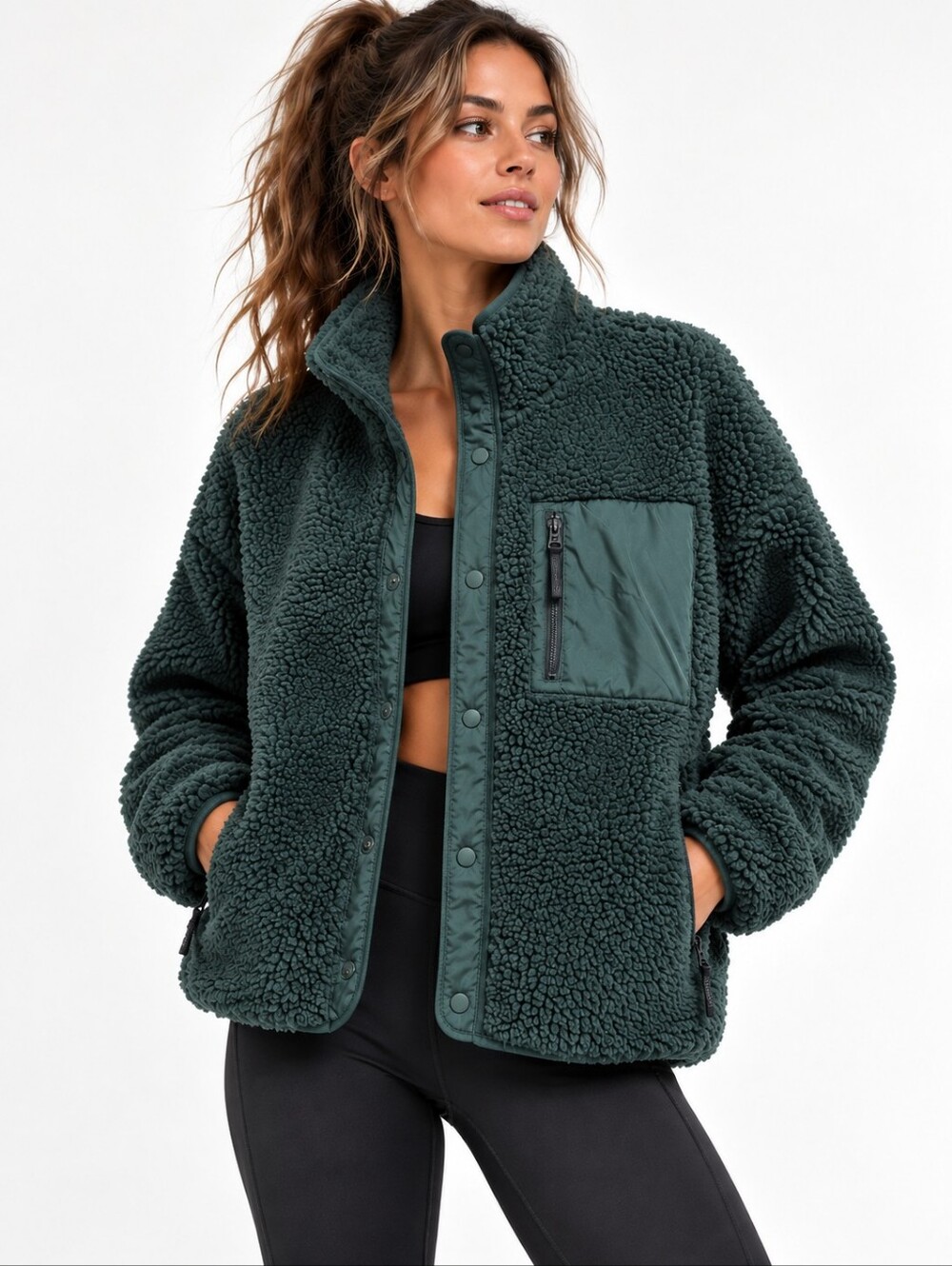 Fabletics Tahoe Teddy Sherpa Fleece Jacket Green Snap Front Pockets Size S